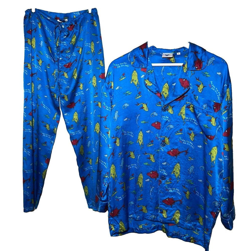 Dr. Seuss‎ Womens Whimsical Silk Pajama Pant Set M Vtg Novelty One Fish Two Fish